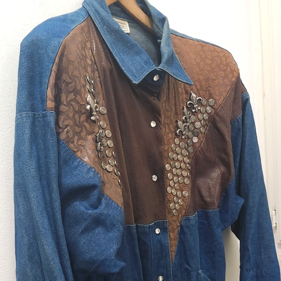 Fini Lignarolo | Vintage '80s Denim & Leather Western Shirt Jacket - Picture 3 of 9
